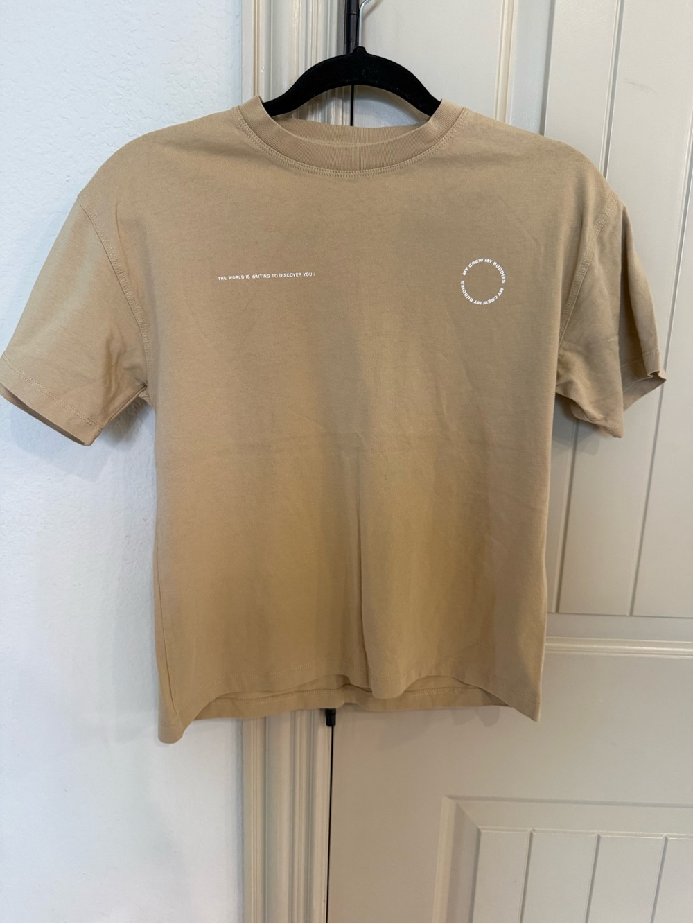 Zara Tan Crewneck T-Shirt with White Graphic size 9-10 NWOT